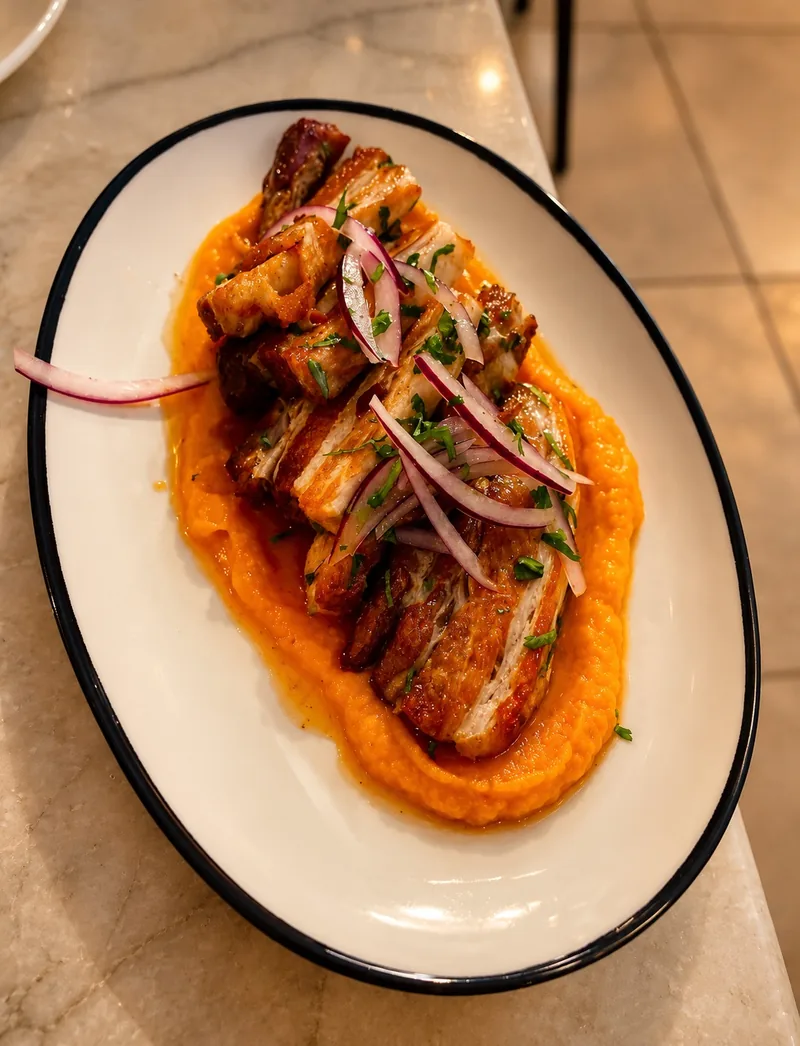 Torrezno crujiente con puré de boniato